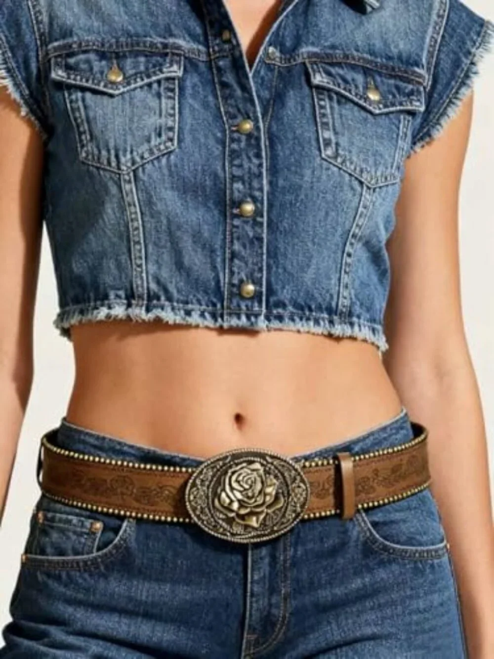 Women Western Belt with Heart Embossed Buckle Vintage Brown Belt for Jeans Pant